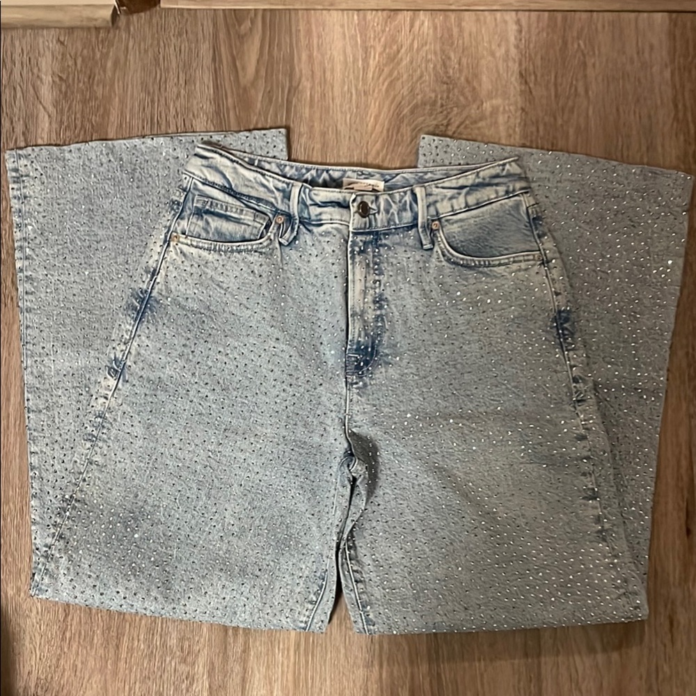 Good American Light Blue Rhinestone Wide Leg Jeans